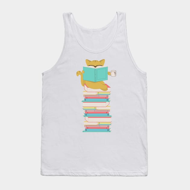 Cat with glasses drinking coffee or tea and reading book Tank Top by gogo-jr